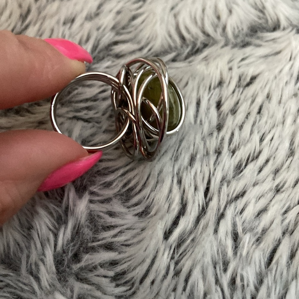 Statement Ring Large Green Stone In Silver Wire S… - image 6